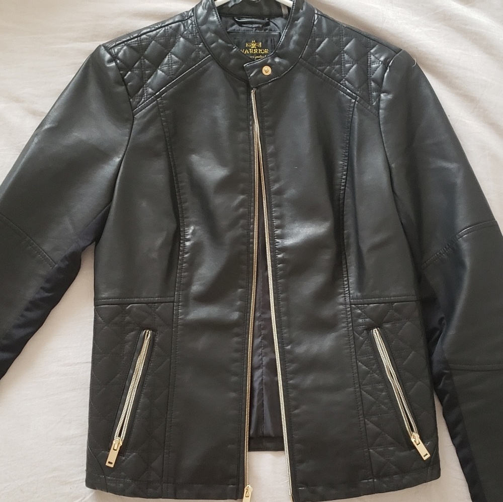 Black leather jacket with gold detailing